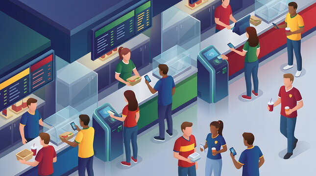 People use smartphones and cards for contactless payment at a busy stadium food concession stand during a sporting event