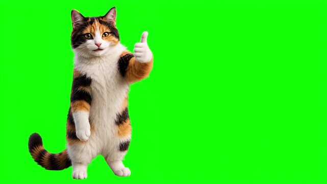 Realistic 3D cat giving thumbs up gesture with subtle smile, isolated on chroma key green screen background. Real animal character. Photorealistic. 