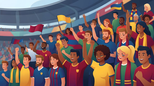 Wide angle view of diverse fans cheering in a crowded stadium