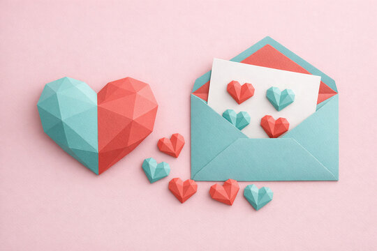 Crafted hearts and letters set against a soft pink backdrop, perfect for Valentine's Day or romance-themed projects.