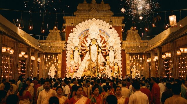 Grand Durga Puja pandal at night on Ashtami with a massive traditional white idol of Goddess Durga, crowded with devotees and festive fireworks in the sky.