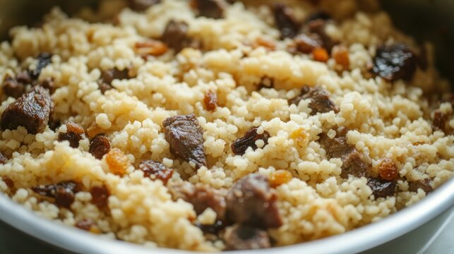 Hearty grain dish with meat and raisins