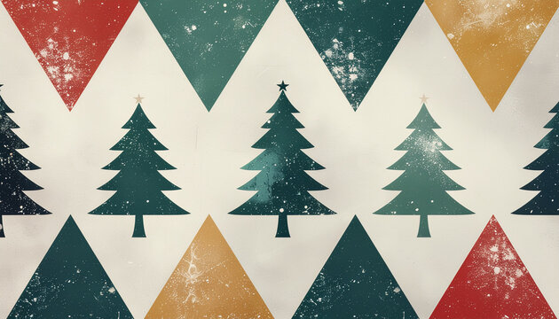 Mid century modern holiday seamless pattern featuring minimal fir tree icons, geometric triangles, retro style, festive colors, vintage texture, joyful winter mood