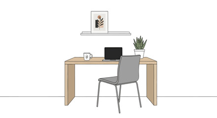 Fototapeta premium Minimalist home office desk setup illustration with laptop and plant.
