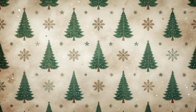 Retro festive background with repeating pine tree snowflake and star pattern vintage style green and gold color winter holiday nostalgic and cheerful mood seamless texture design
