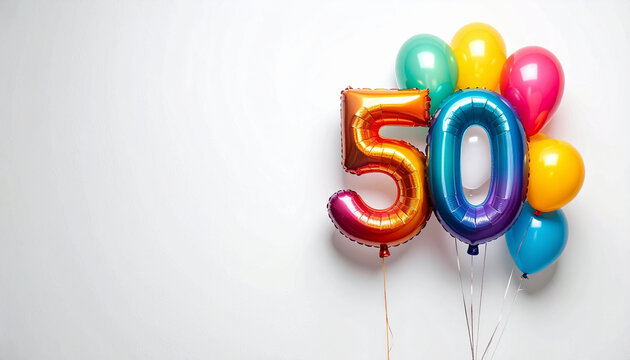 Colorful number balloon fifty celebration white background copy space festive birthday anniversary cheerful party decoration vibrant