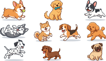 Fototapeta premium Set of cute cartoon dog breeds in various poses including running jumping sitting and playing fetch for pet shop branding animal lover projects and children educational materials vector collection.