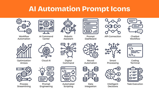 AI Automation Prompt Icons Set, Smart Workflow Technology Vector Symbols
