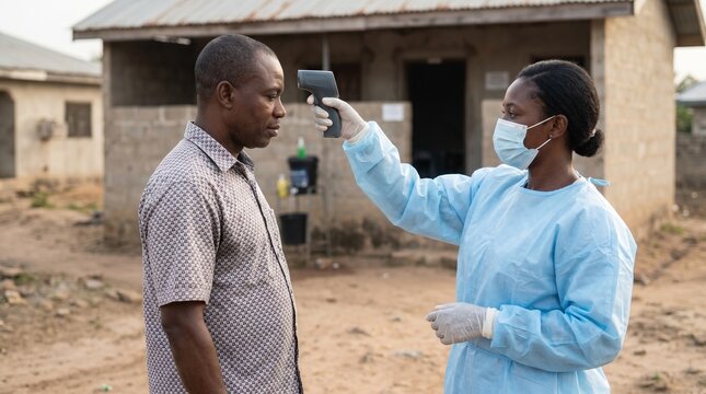 African Healthcare Worker Checking Temperature During Ebola Virus Outbreak in Rural Village
