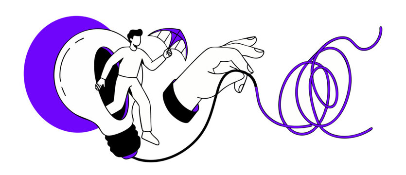 Problem solving business concept illustration showing a man stepping from a light bulb as a giant hand untangles a purple thread, representing innovation, creative thinking, and deep brainstorming.