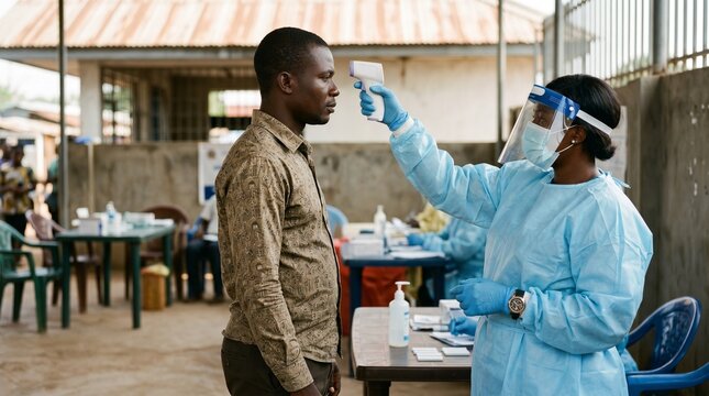 African Healthcare Worker Checking Temperature During Ebola Virus Outbreak in Rural Village