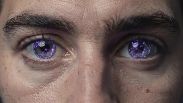 Futuristic close-up video of a person's eyes being scanned. Purple digital HUDs overlay the irises while a glowing scanning beam moves vertically, depicting an advanced identification process.
