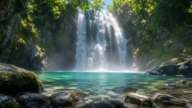 mystical_forest_waterfall_turquoise_pool_seamless_loop_daytime_HD