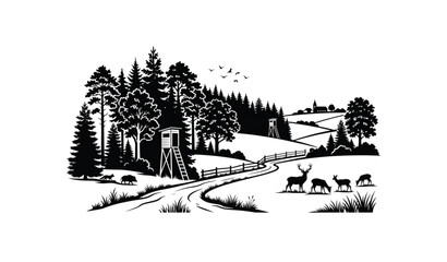 Fototapeta premium Forest meadow field and hunting stand silhouette landscape with wildlife vector illustration