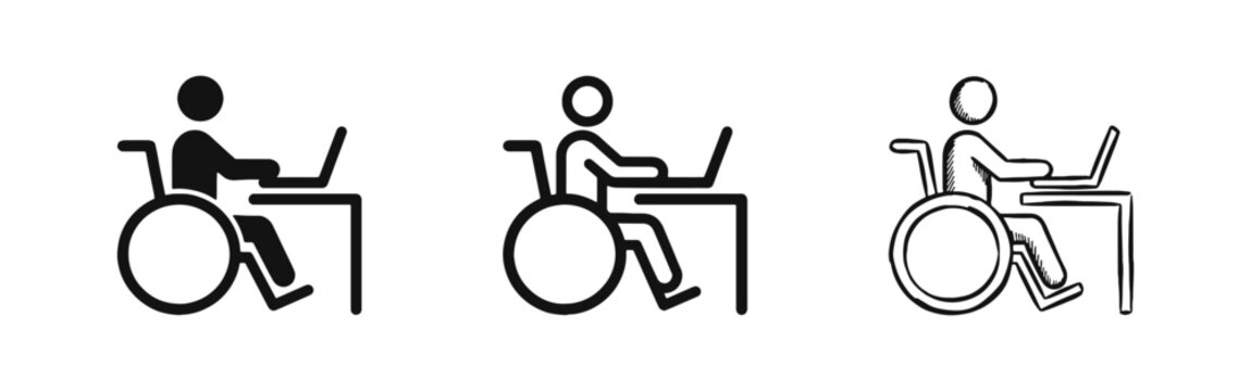 Inclusive Workplace Icon Set showing Person in Wheelchair using Laptop at Desk