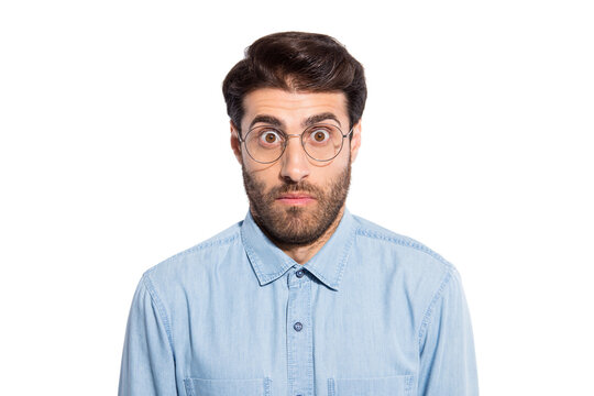Close up photo of amazing indian guy looking big eyes feel guilty blamed for awful situation wear specs casual denim shirt isolated white color background