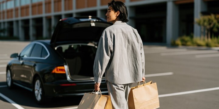 Man loading shopping bags into a car trunk in an empty parking lot for retail banner and lifestyle background design