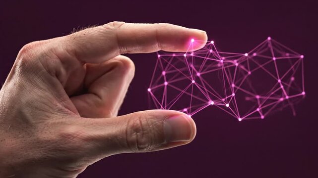 A hand manipulates a glowing pink digital lattice. The thumb and index finger stretch the interconnected nodes and lines against a dark backdrop, illustrating human-technology interaction.