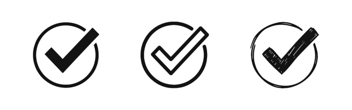 Success Approval and Validation Icons Featuring Check Mark in Circle Symbol