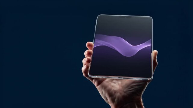 This video features a hand holding a high-end foldable smartphone or tablet, displaying a flowing purple graphic. The minimalist dark backdrop emphasizes the device's elegant aesthetics.