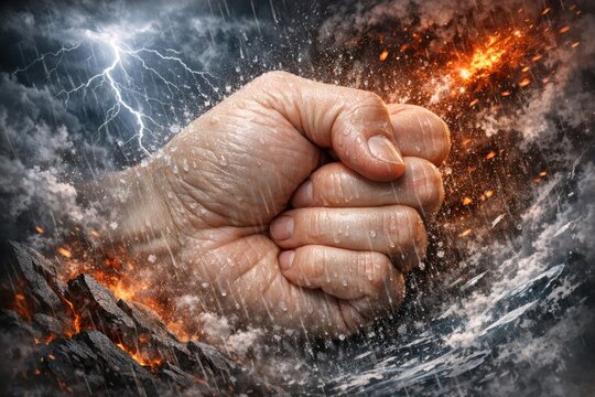 A powerful fist stands out against the dramatic backdrop of a storm with lightning