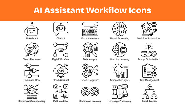 AI Assistant Workflow Icons Set, Smart Automation Vector Collection