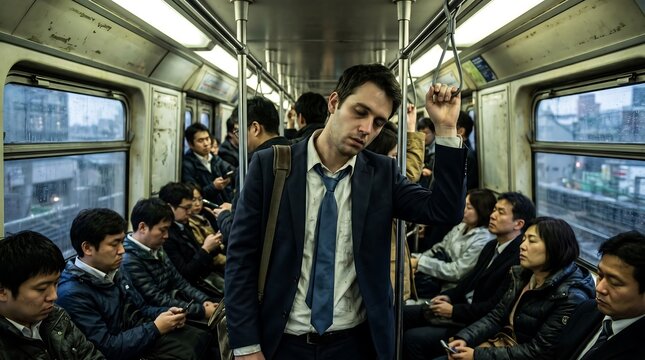 Exhausted Office Worker Sleeping on Crowded Public Train After Work