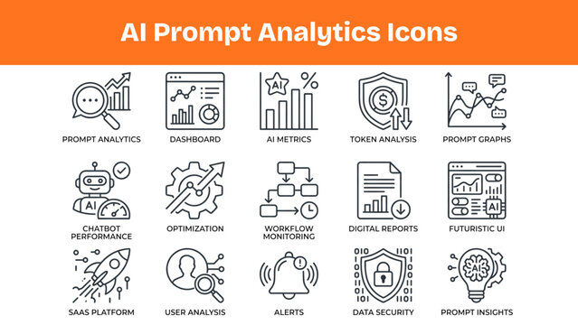 AI Prompt Analytics Icons, Chatbot Performance Dashboard Vector Pack