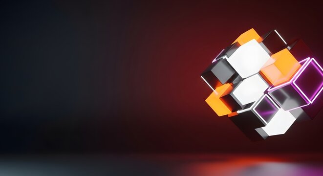 Glowing neon cube constructed of floating blocks in darkness