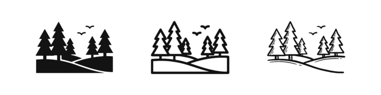 Forest landscape icon set with pine trees and flying birds