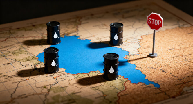 Geopolitical tensions and oil supply restrictions depicted by miniature barrels and a stop sign on a world map, symbolizing energy crisis and market instability