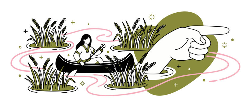 Woman paddling canoe guidance illustration showing pointing hand directing business path concept, modern minimalist vector art depicting strategic journey, leadership goals and career development job.