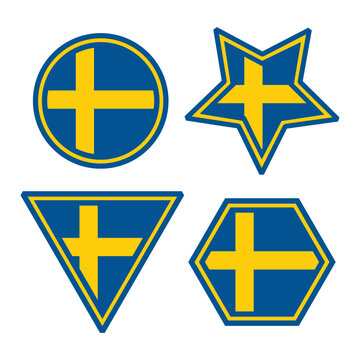Sweden flag icons set in geometric circle, star, triangle, and hexagon shapes. Swedish national symbols vector collection.