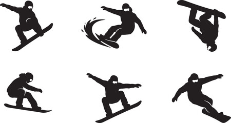 Snowboarder Silhouette Icon Set with Extreme Winter Sports Jumping Poses © ANAMUL