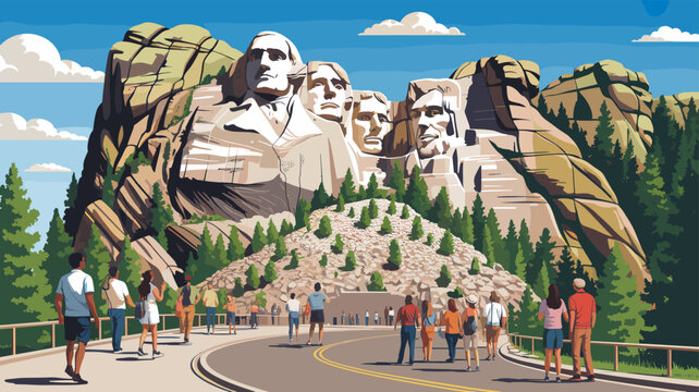 Tourists gather to admire the iconic Mount Rushmore National Memorial, featuring the colossal carved faces of four U.S. presidents in a vibrant, illustrative style.
