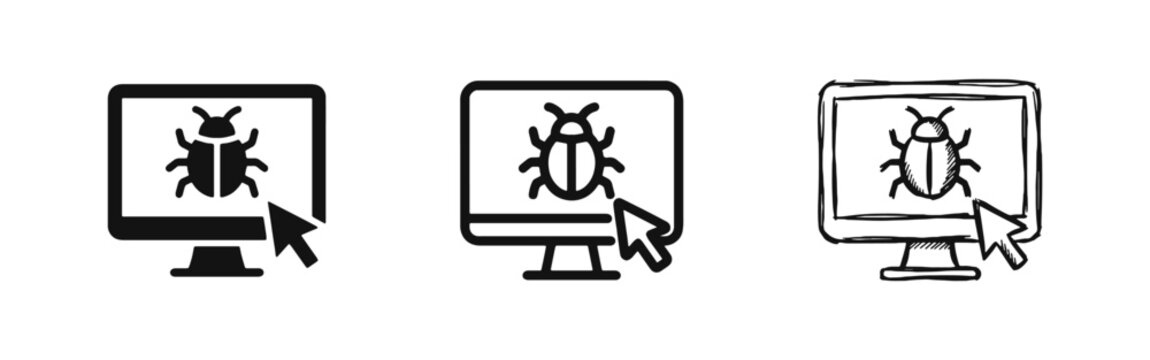 Computer monitor with bug icon set for software debugging, virus, and malware in three styles