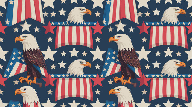 Seamless patriotic pattern featuring bald eagles, American flags, and stars on a dark blue background, evoking national pride and heritage.
