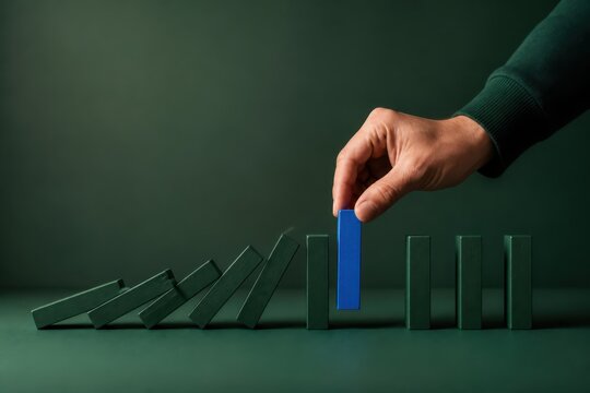 Hand stopping a falling domino chain with blue tile concept for risk management crisis prevention and business disruption