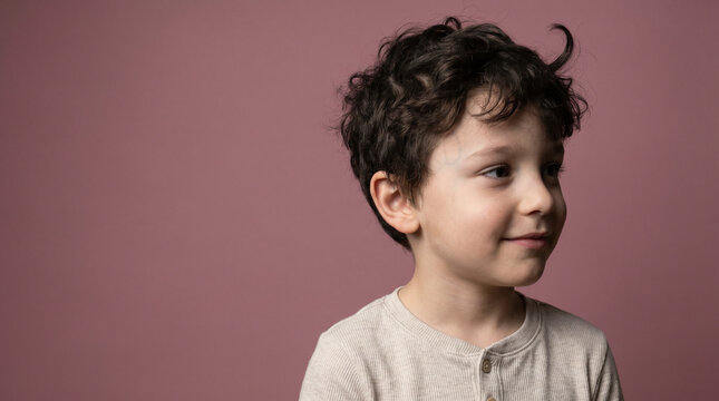 Gentle Young Boy with Curly Hair Looking Away on Pink Background