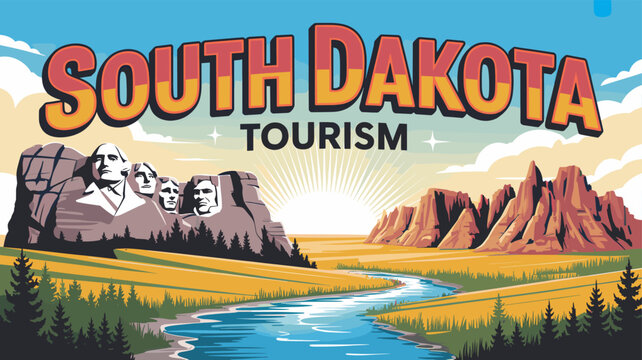 Vintage postcard illustration of Mount Rushmore and Badlands National Park, promoting South Dakota tourism with a scenic river and sunburst.