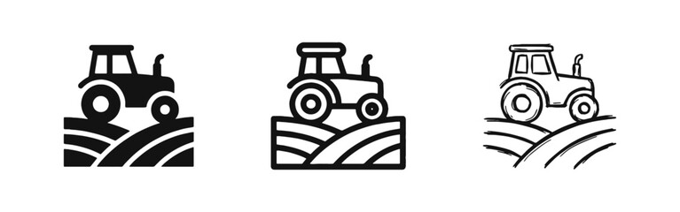 Farm Tractor Icon Set, Agriculture and Harvesting Machinery Symbols © drawing lines