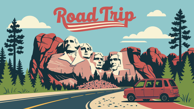 A scenic road trip illustration featuring Mount Rushmore National Memorial with a vintage red SUV driving on a winding road through a forest.