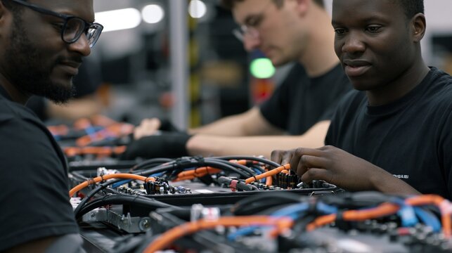 Technicians assembling sealed highvoltage junction boxes designed for underhood EV power distribution showcasing precise wiring and safety protocols in a controlled workspace.