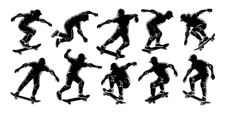 Skateboarders Performing Tricks in Silhouette Style with Dynamic Poses Featuring Action, Sports, Extreme with Skateboarding and Black Elements For