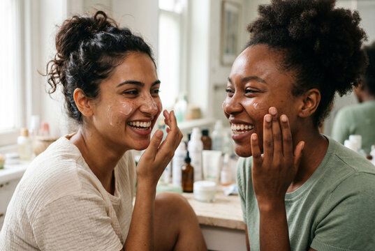 Happy diverse women applying moisturizer during facial beauty routine