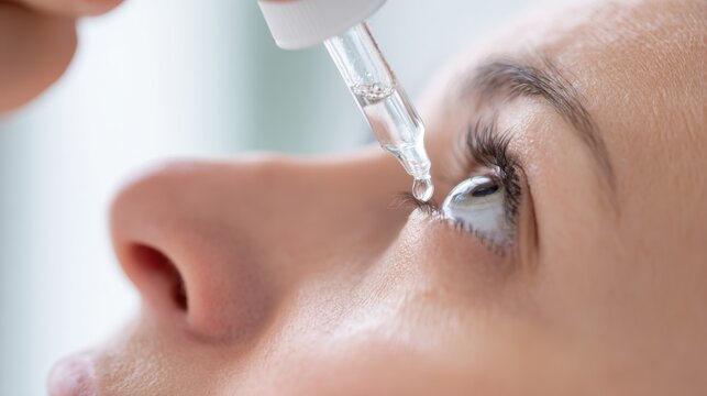 Clinical scene with glaucoma eye dropper nearing patient's eye in bright light
