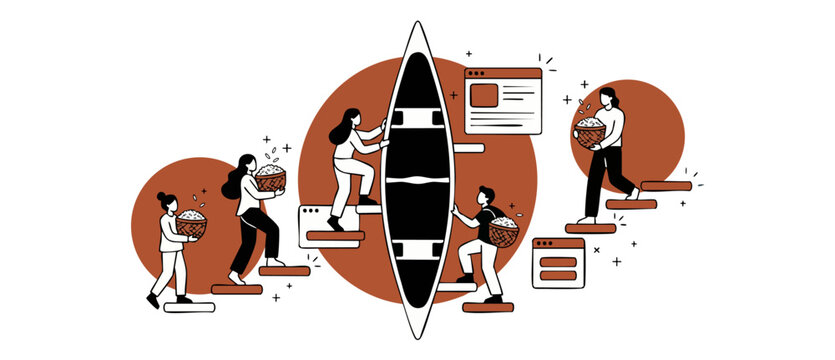 Business growth concept vector illustration with team climbing stairs carrying harvest baskets next to kayak and website wireframes in flat design, representing digital workflow, startup progress.