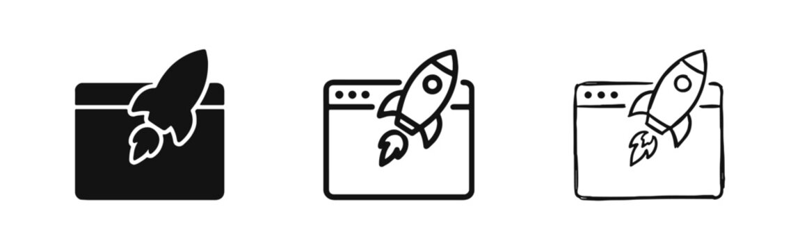 Startup rocket launch from web browser icons in three different styles
