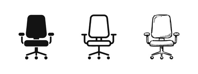 Office chair furniture icons in flat, linear and hand-drawn styles for workspace and interior design © drawing lines