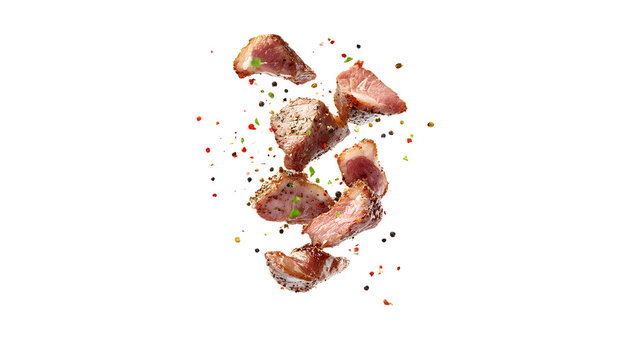 Juicy grilled meat pieces flying with spices
